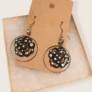 Geometric Black Rose Dangle Earrings w/ Crystals